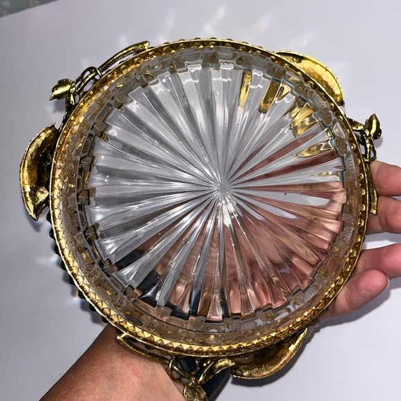 Vintage Crystal Bowl with Gold Floral Accents • purse bowl • trinket jewelry - Picture 9 of 11